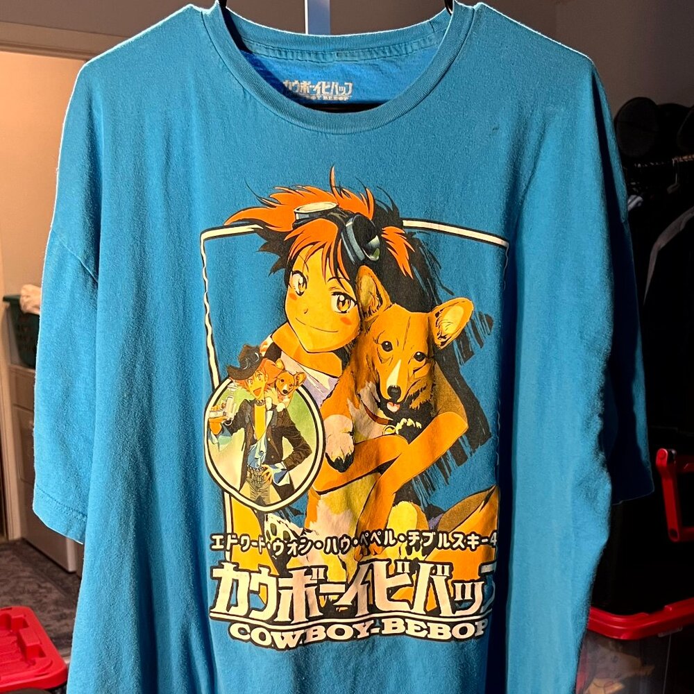 Cowboy Bebop Blue 100% Cotton w Graphic Print of Edward and Ein T-Shirt SZ 3XL